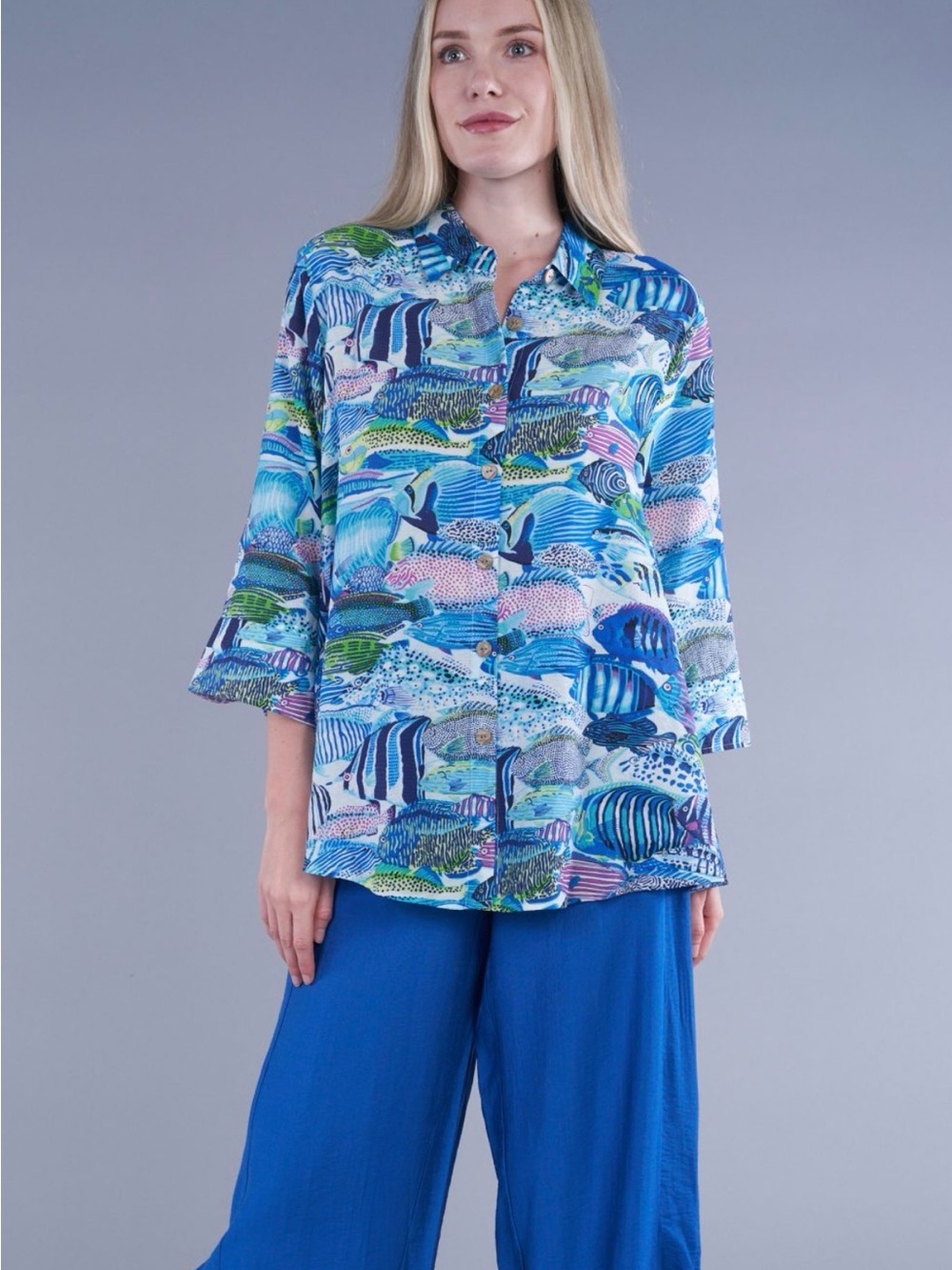 SHANA Printed Blue Button-Down Shirt with Ocean Fish Motif